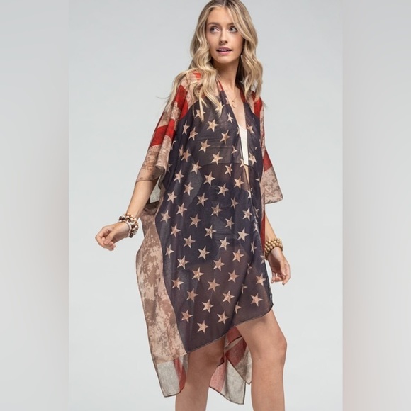 Ruggine American Flag Print 4th July Sheer Kimono Side Slits One Size - Picture 8 of 10